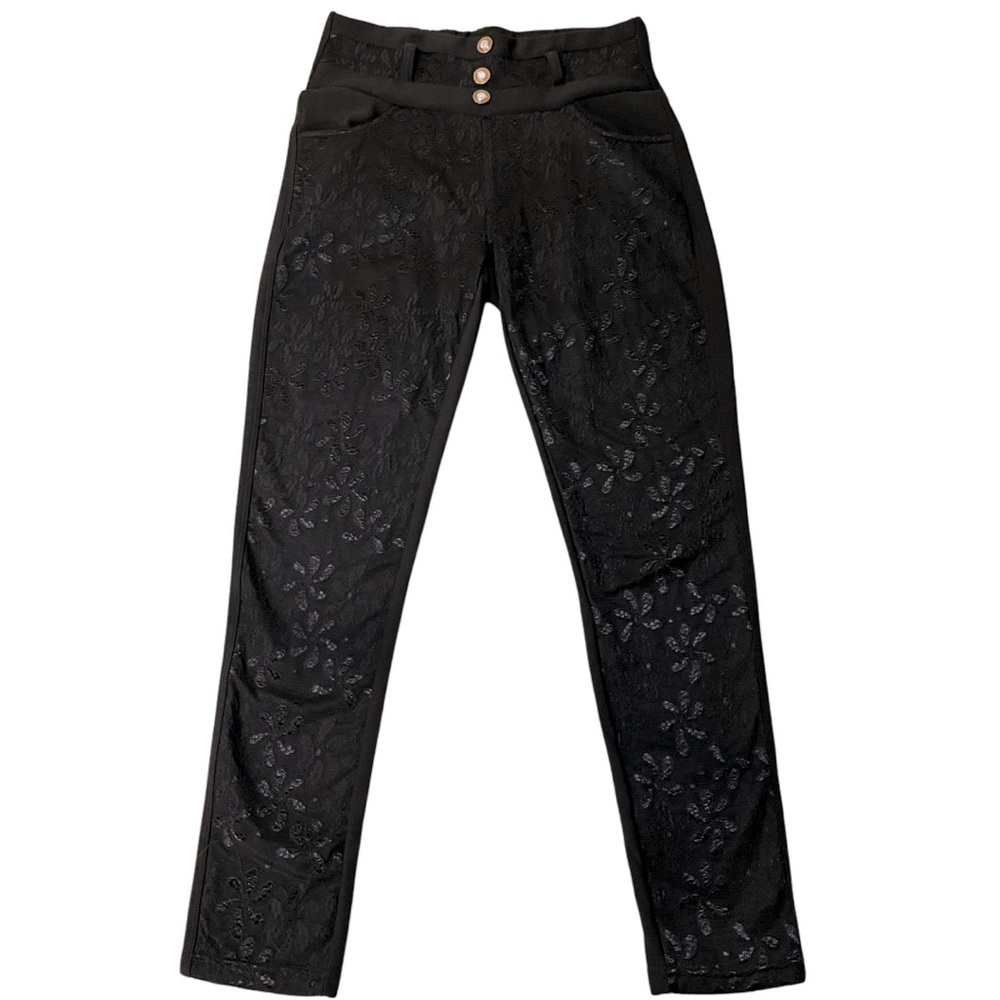 Elastic Waist Pants/Leggings with Lace Details and Buttons